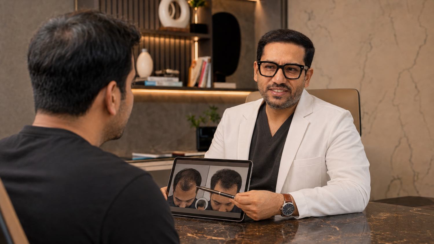 Dr Gaurav Solanki explaining a hairline plan to a patient at Cult Aesthetics