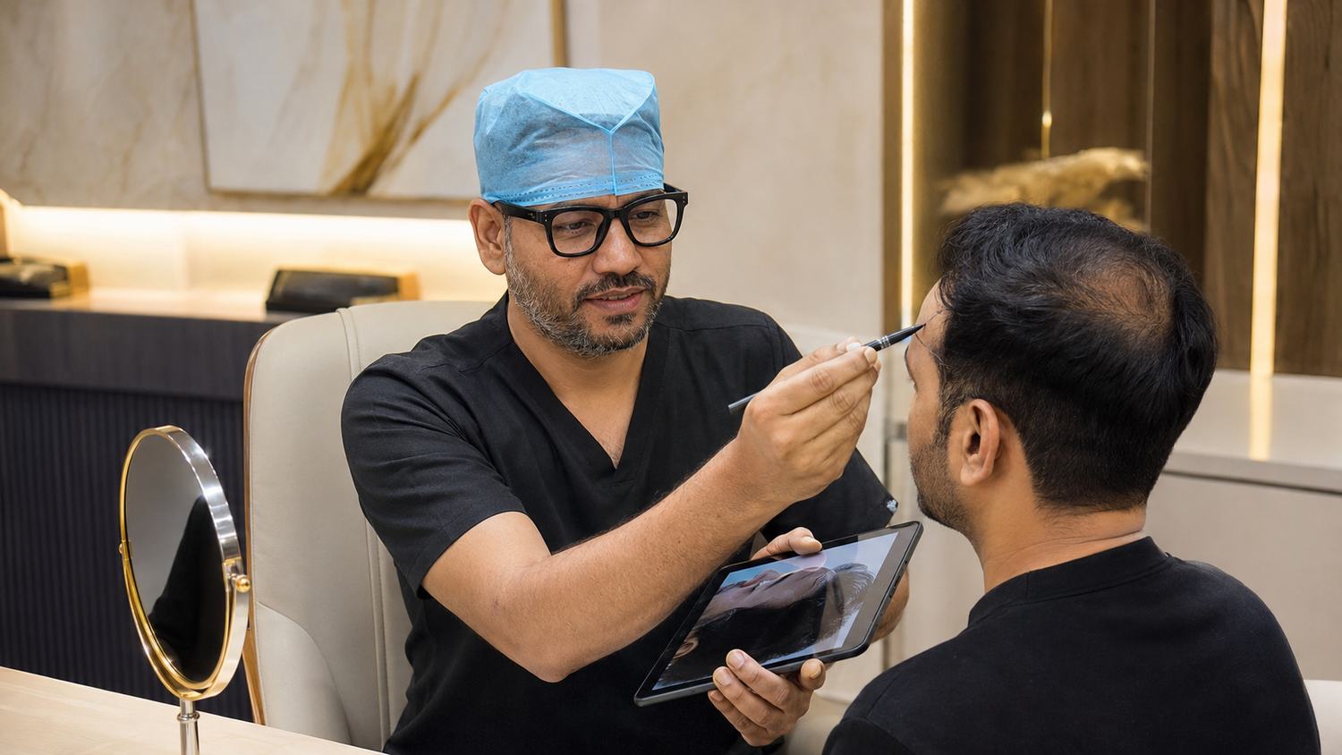 Dr Gaurav Solanki marking a natural hairline design on a patient in Gurgaon
