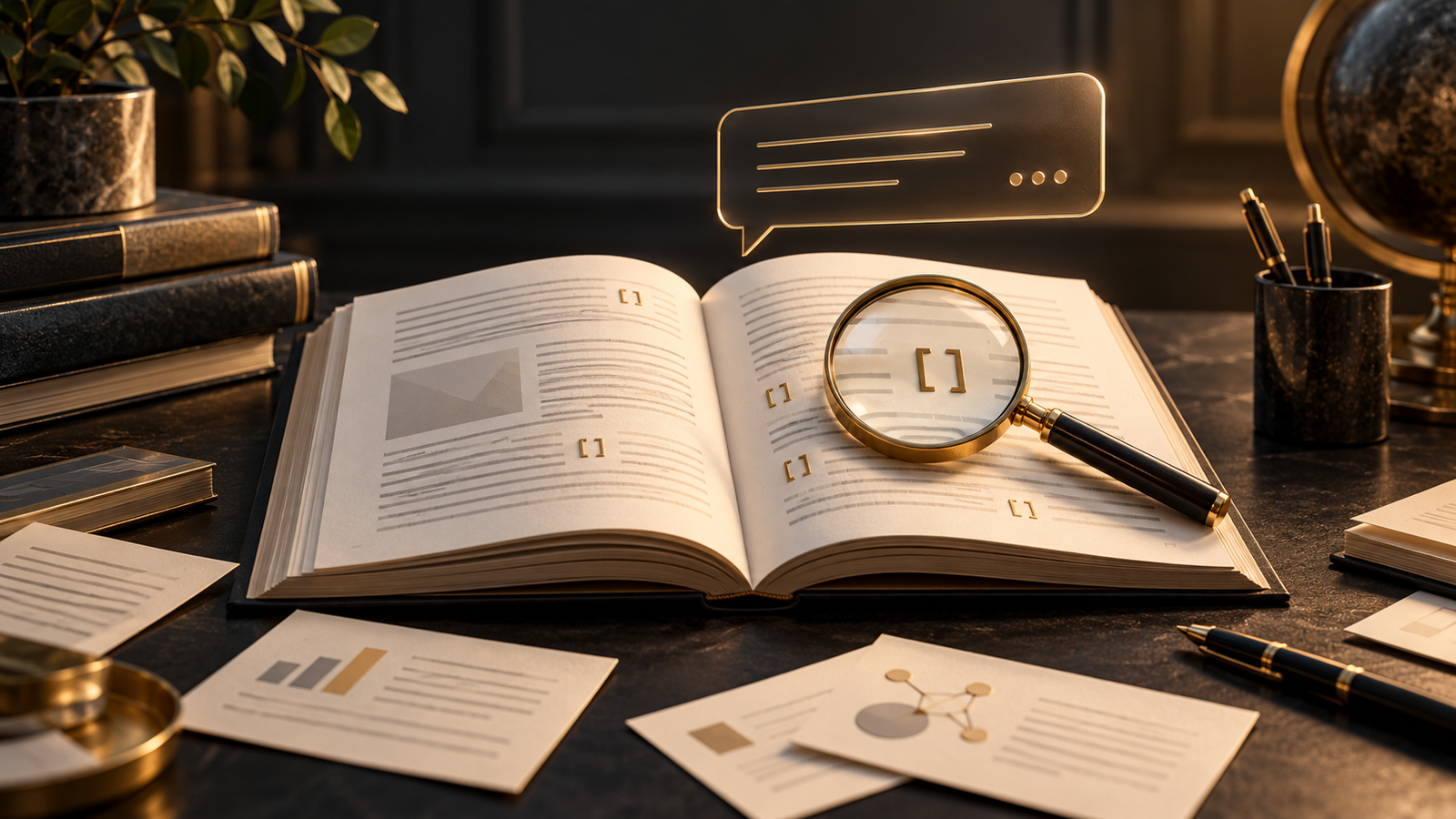 Editorial illustration of an open reference book, magnifying glass and chat bubble